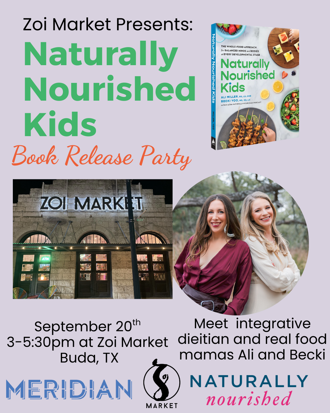 Promotional flyer for Zoi Market's Naturally Nourished Kids book release party with event details.