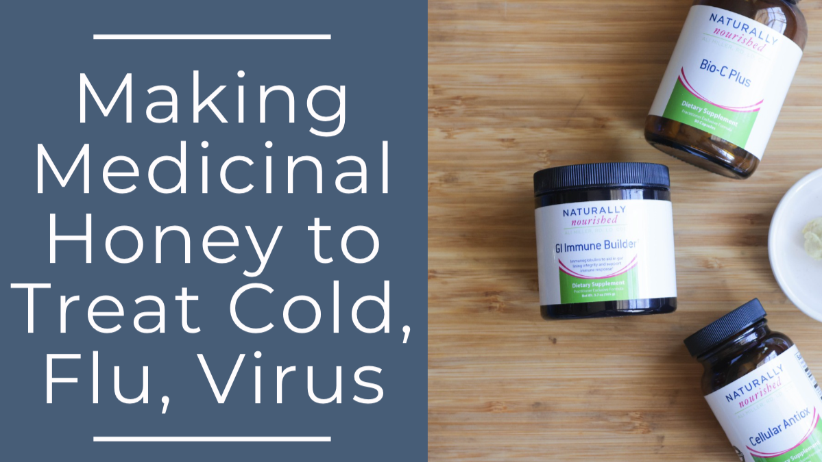Three bottles of honey on a wooden surface with text about making medicinal honey to treat cold, flu, or virus.