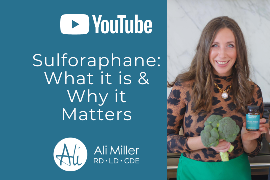 YouTube video thumbnail with a woman holding a supplement and a cabbage, featuring Ali Miller RD LD CDE.